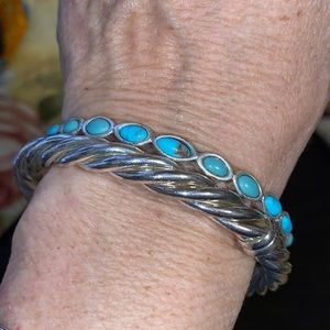 Bangles, 1 is silver and thick w some weight; turquoise bangle is lightweight!